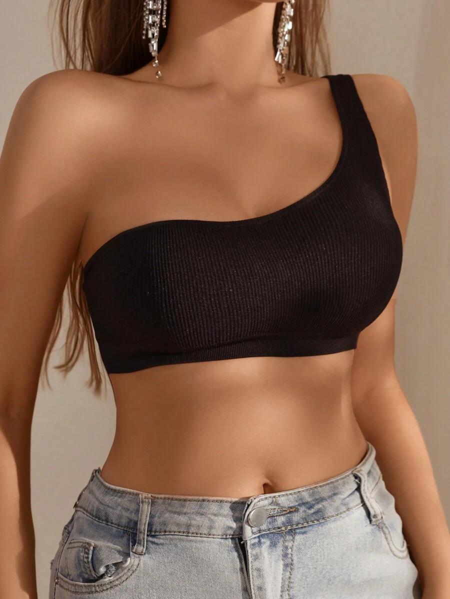 SHEIN CZARNY TOP NA JEDNO RAMIĘ S09__L