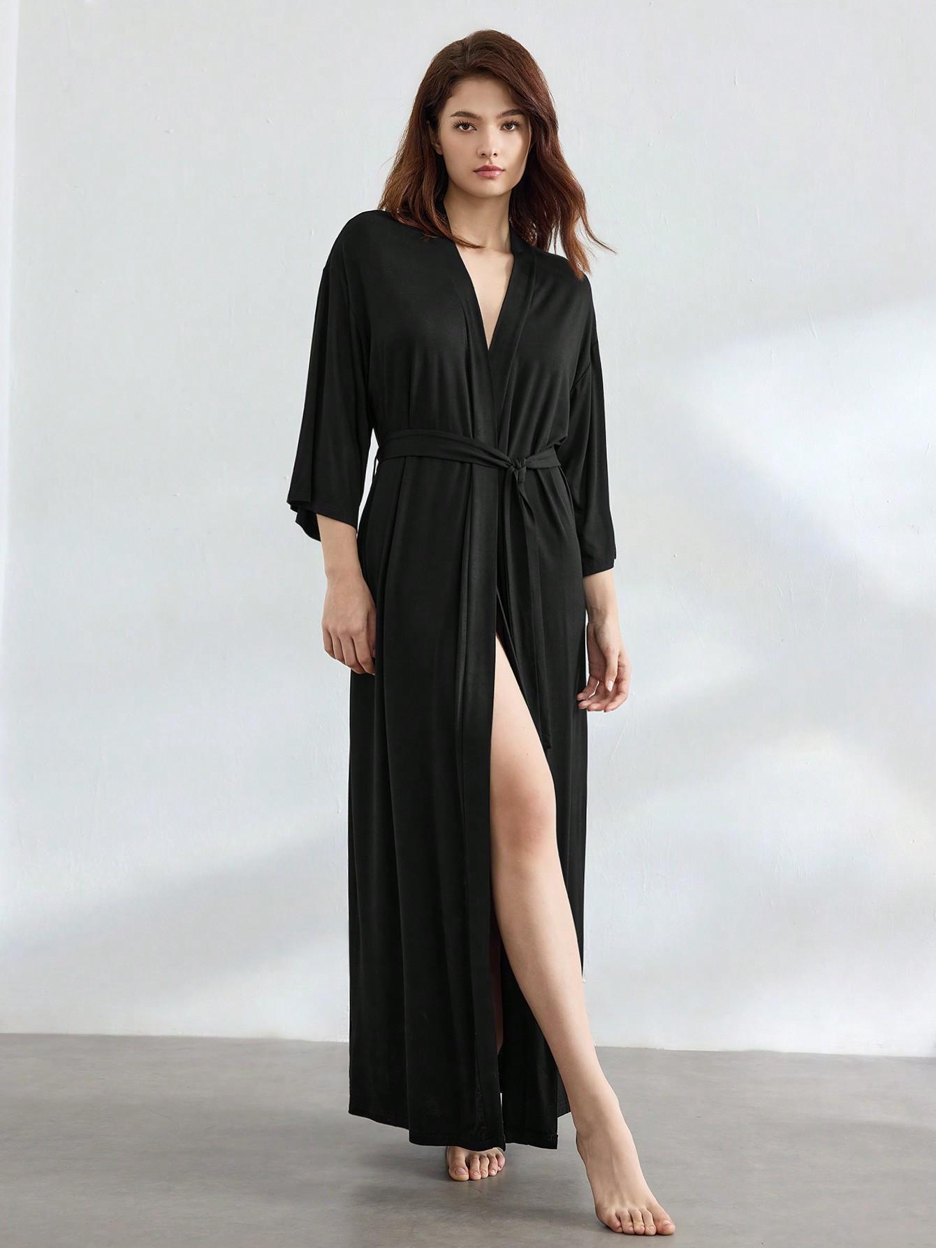 SHEIN CZARNY SZLAFROK WIĄZANIE S06__M