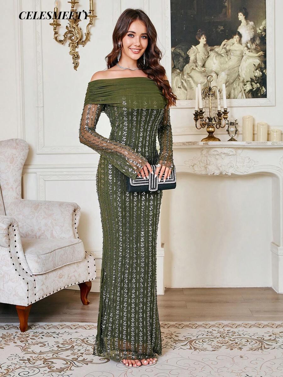 SHEIN ZIELONA MAXI SUKIENKA ZDOBIENIA S06__S