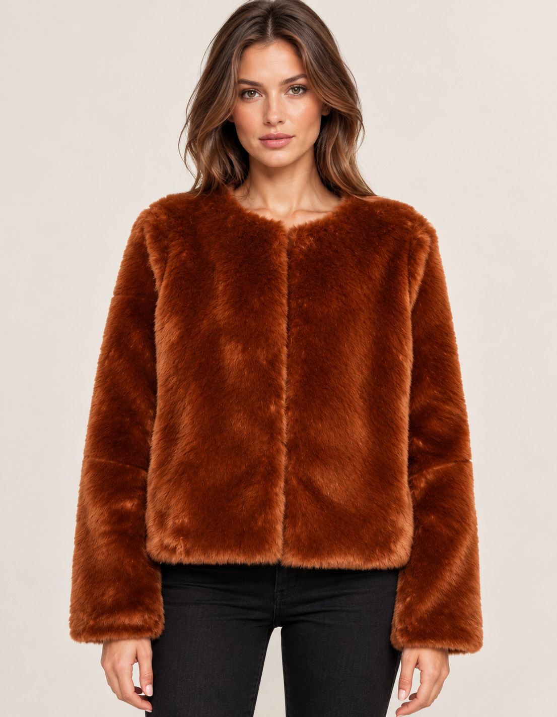 H&M BRĄZOWE SZTUCZNE FUTRO W01__L