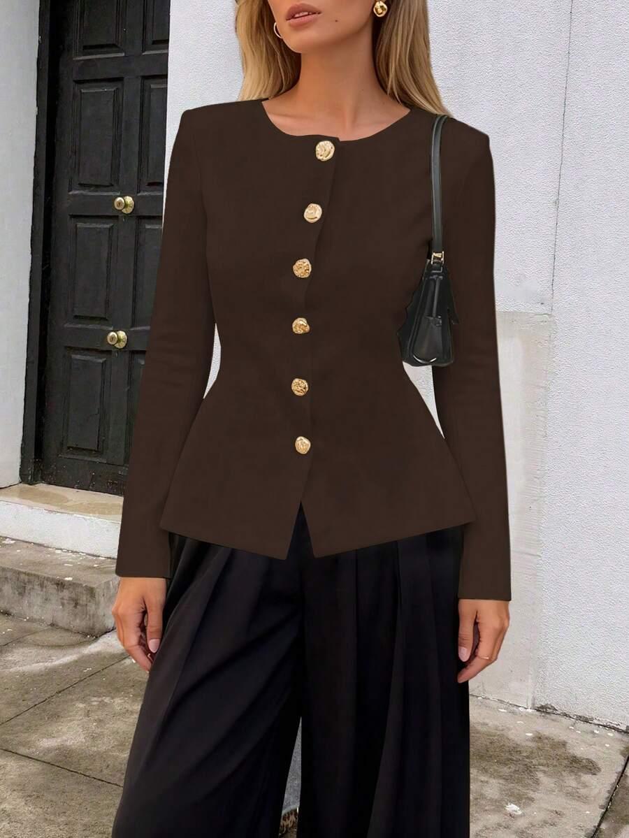 SHEIN BRĄZOWY SWETER GUZIKI S06__L