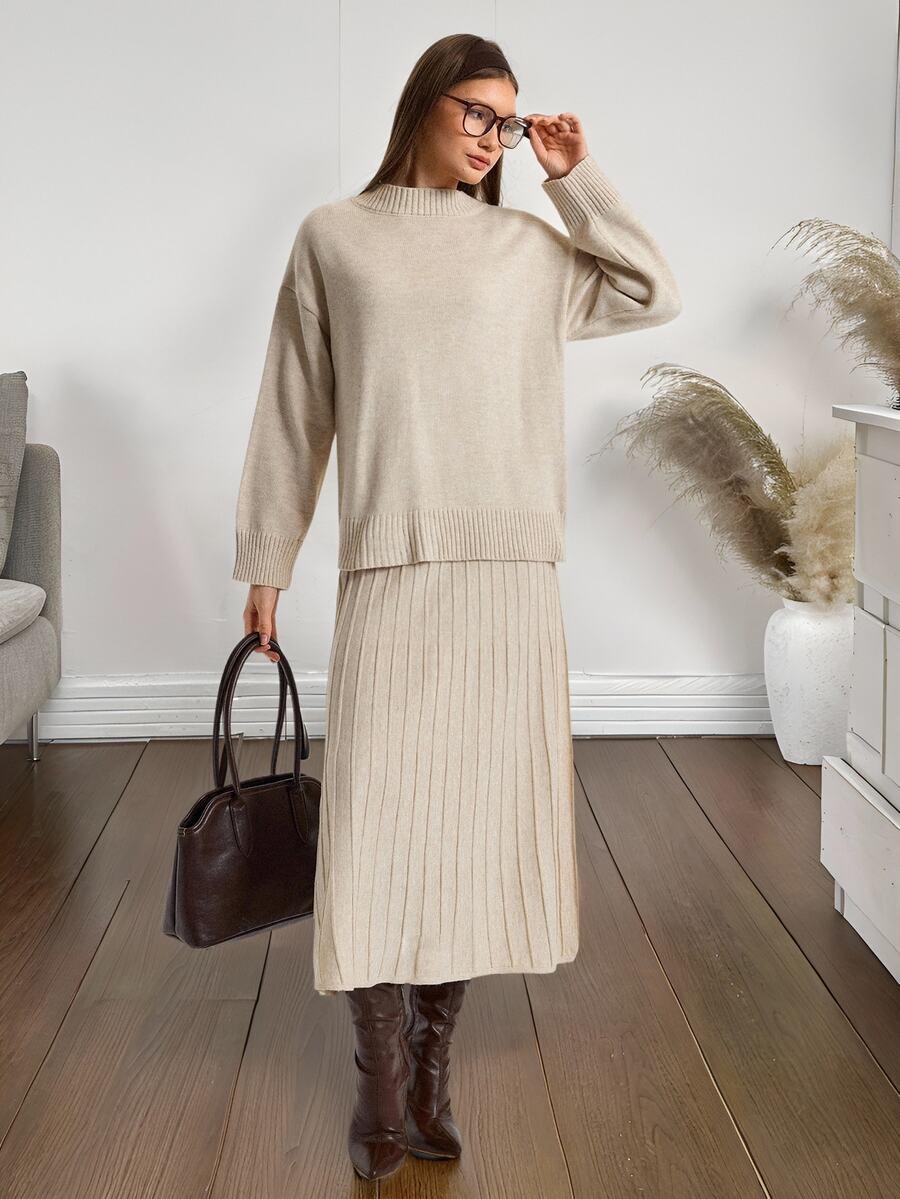 SHEIN BEŻOWY KOMPLET SWETER SPÓDNICA PK01__L