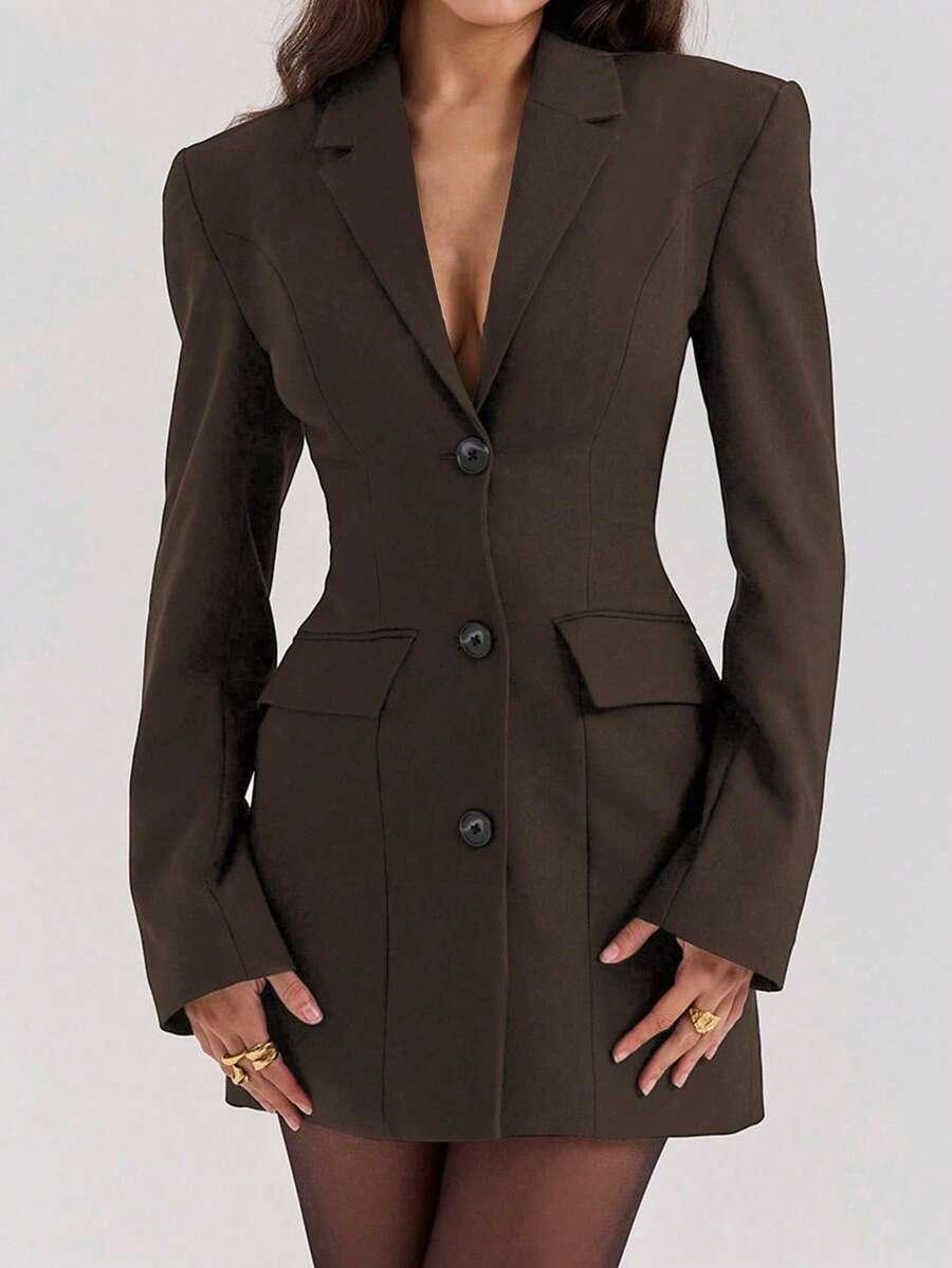 SHEIN BRĄZOWA MINI SUKIENKA GUZIKI PK01__S