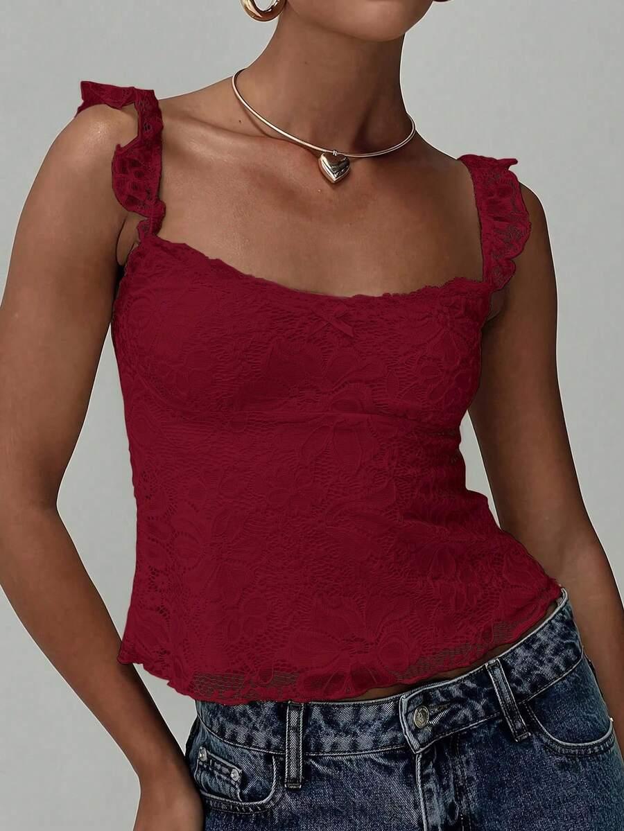 SHEIN CZERWONY TOP KORONKA S06__L