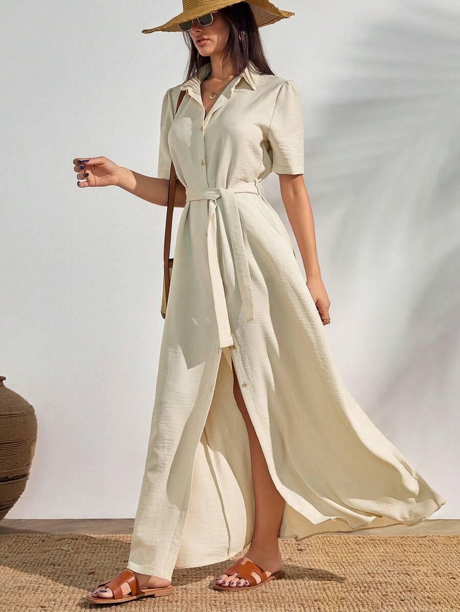 SHEIN KREMOWA MAXI SUKIENKA KOSZULOWA S06__M