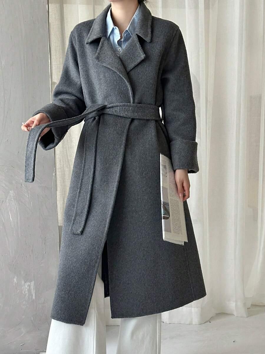 SHEIN SZARY KLASYCZNY PŁASZCZ Z DOMIESZKĄ WEŁNY W01__M