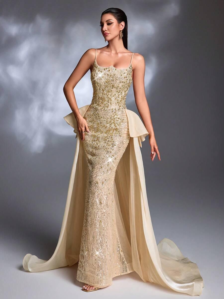 SHEIN ZDOBIONA MAXI SUKIENKA NA RAMIĄCZKACH TIUL POŁYSK PK01__S
