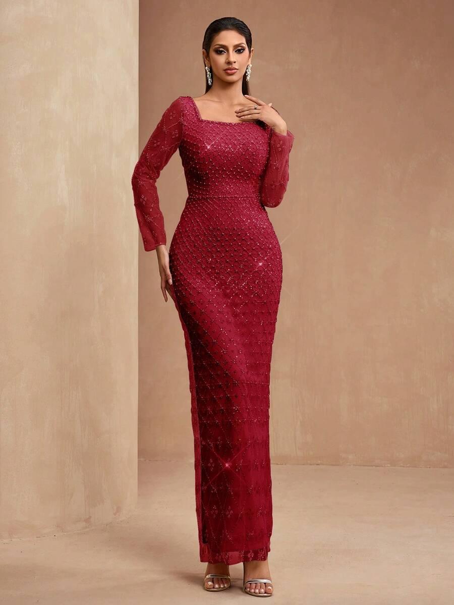 SHEIN BORDOWA MAXI SUKIENKA ZDOBIENIE S06__L