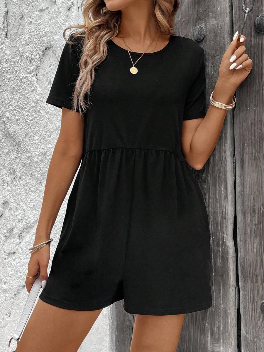 SHEIN CZARNY KOMBINEZON KRÓTKI RĘKAW S06__S