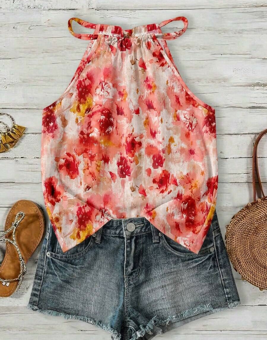 SHEIN TOP BEZ RĘKAWÓW PRINT WIĄZANIE PK01__L