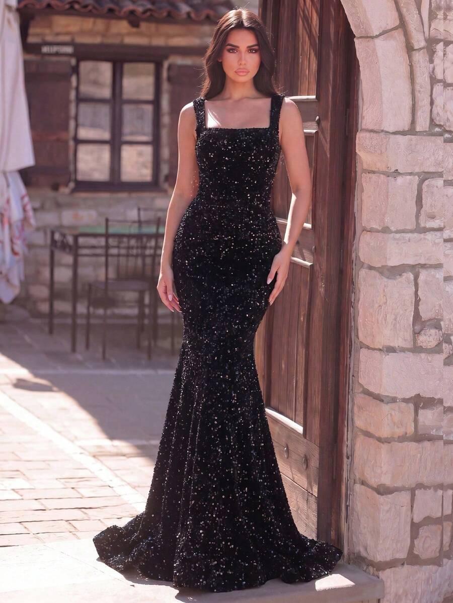 SHEIN CZARNA SUKIENKA MAXI CEKINY S06__L