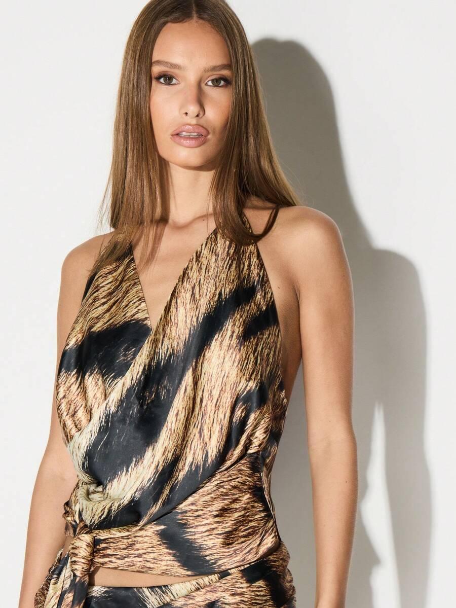 KIZN SATYNOWY TOP ODKRYTE PLECY ANIMAL PRINT S06__XL