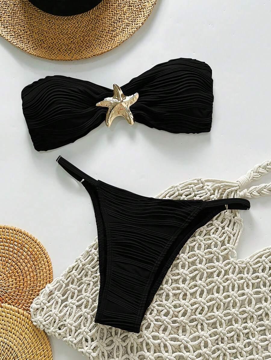 SHEIN CZARNY DWUCZĘŚCIOWY STRÓJ KĄPIELOWY ZDOBIENIE S09__S