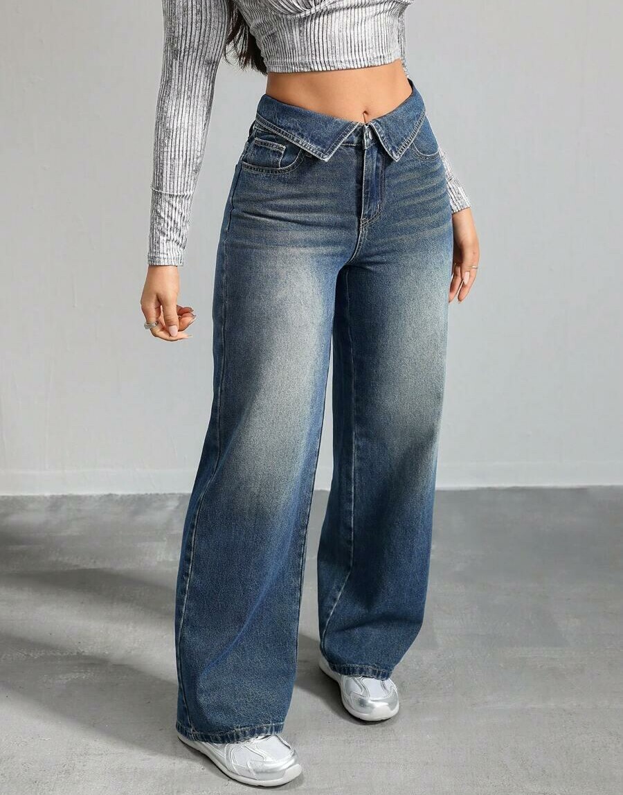 SHEIN NIEBIESKIE SPODNIE JEANS SZEROKIE NOGAWKI S06__50