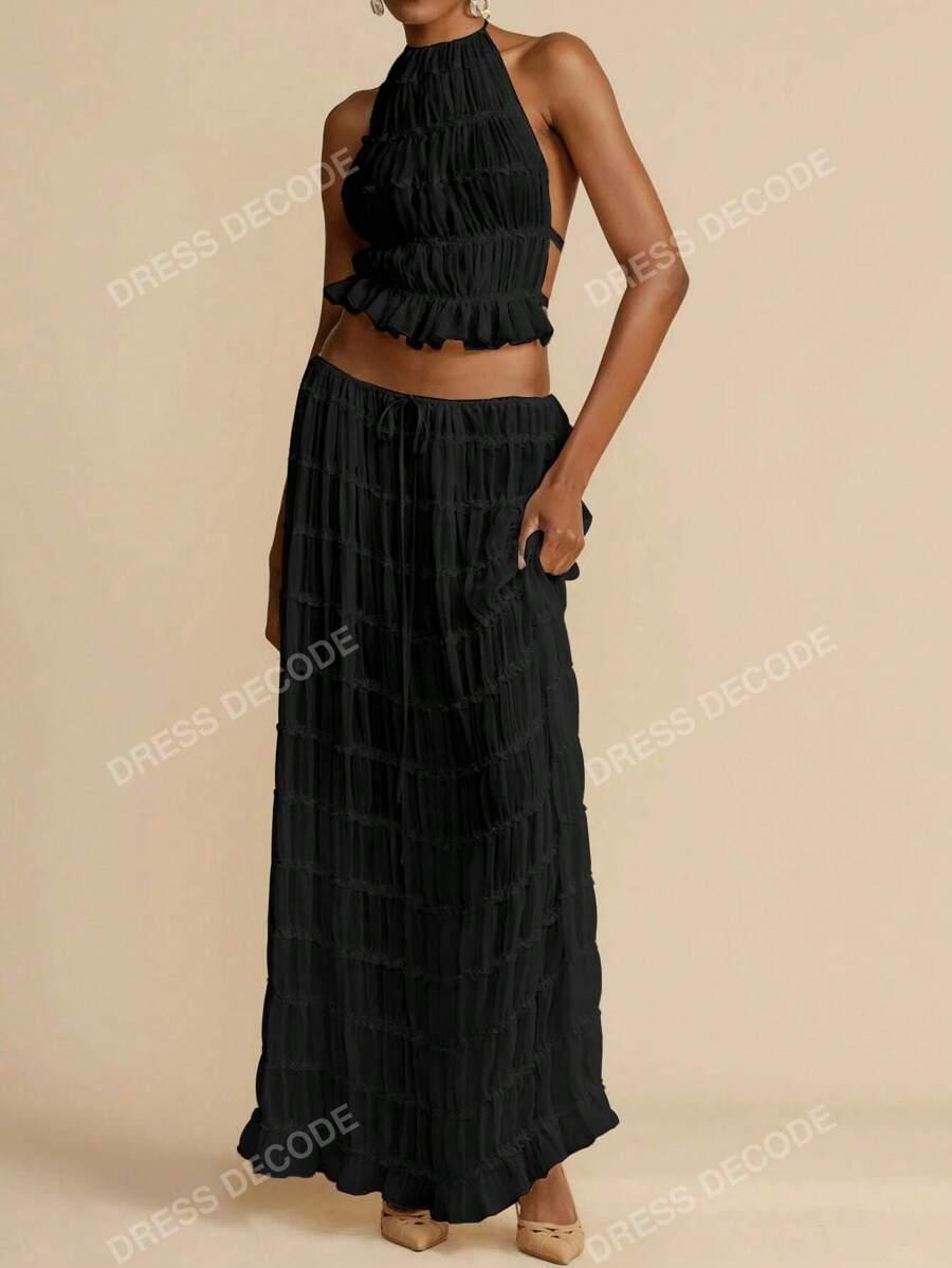 SHEIN CZARNY KOMPLET TOP ODKRYTE PLECY MAXI SPÓDNICA S06__S