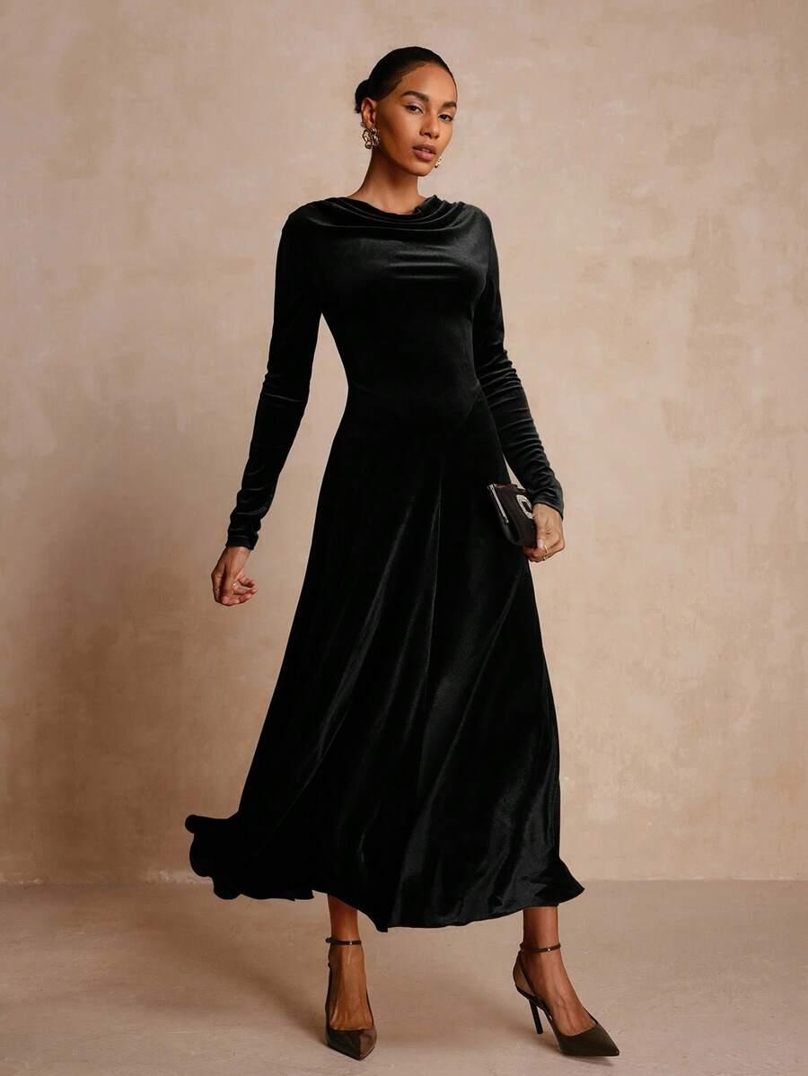 SHEIN CZARNA MIDI SUKIENKA DŁUGI RĘKAW S06__S