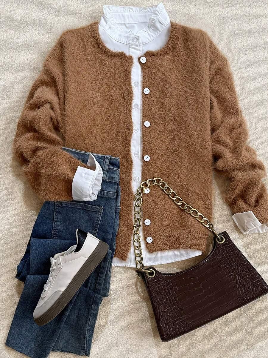 SHEIN BRĄZOWY SWETER GUZIKI S06__S