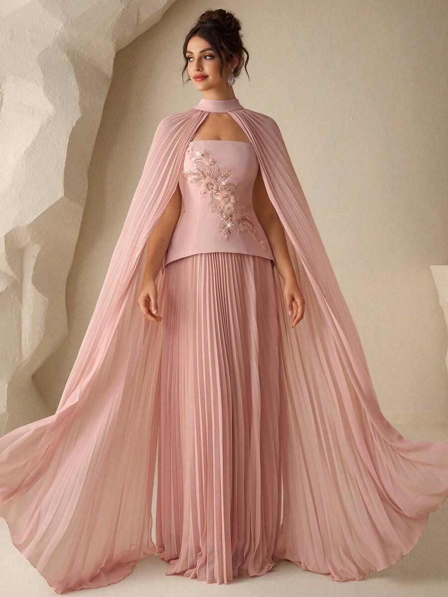 SHEIN RÓŻOWA MAXI SUKIENKA ZDOBIENIE S06__S