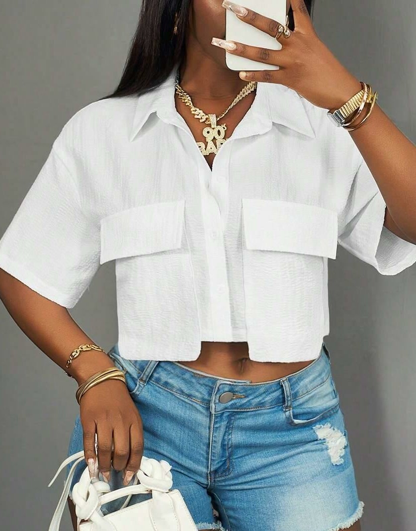 SLAYDIVA BIAŁA KOSZULA CROP TOP KIESZENIE S06__M