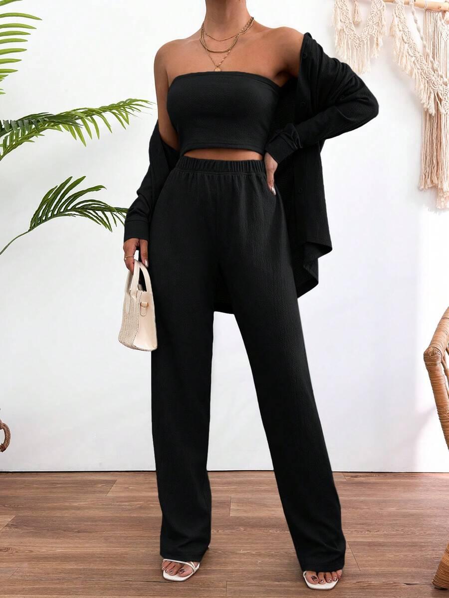 SHEIN CZARNA KOSZULA TOP SPODNIE KOMPLET S06__XL