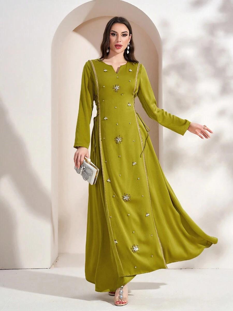 SHEIN SATYNOWA ZIELONA MAXI SUKIENKA ZDOBIENIA DŁUGI RĘKAW PK01__48