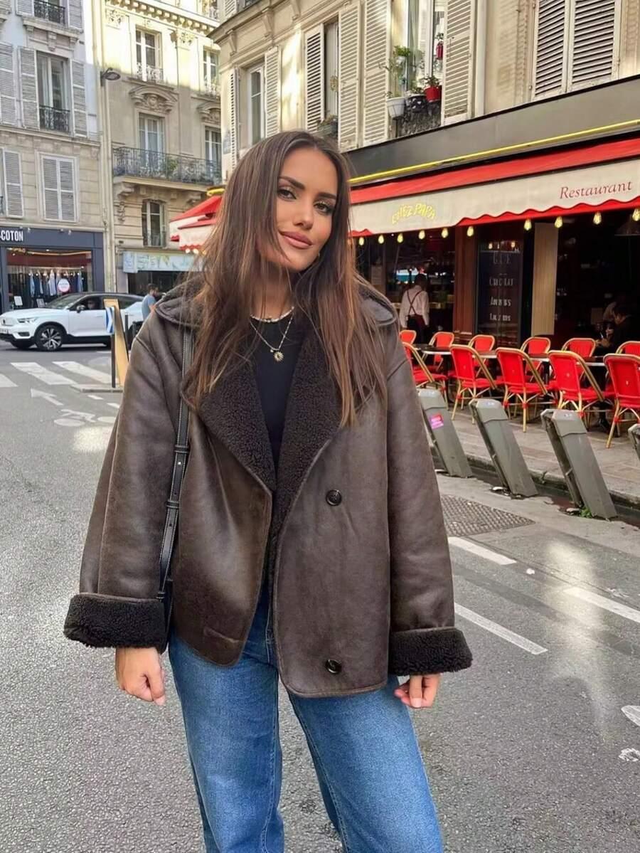 SHEIN BRĄZOWA KURTKA GUZIKI W01__M