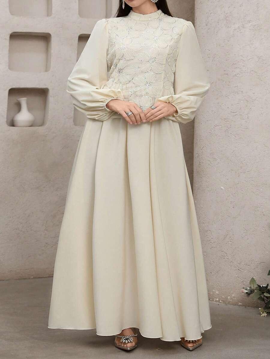MODELYN BEŻOWA MAXI SUKIENKA ZDOBIENIE S06__46