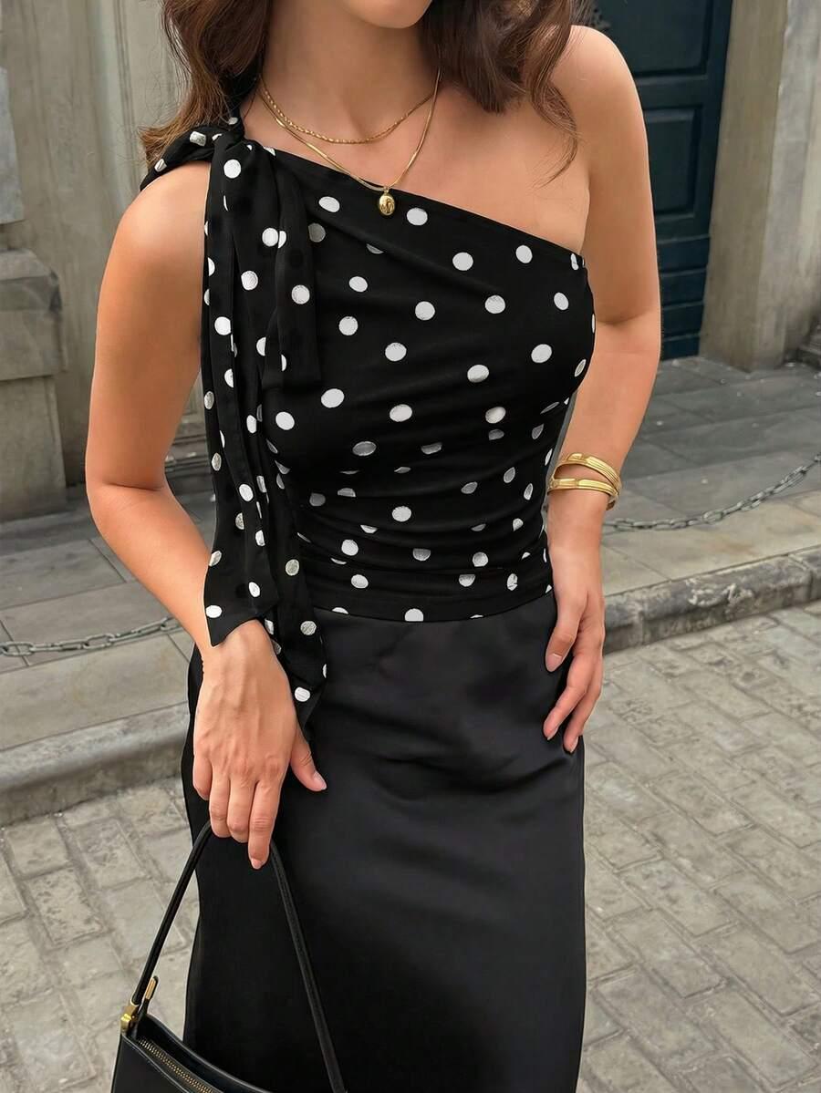 SHEIN CZARNY TOP WZÓR GROSZKI S06__XS
