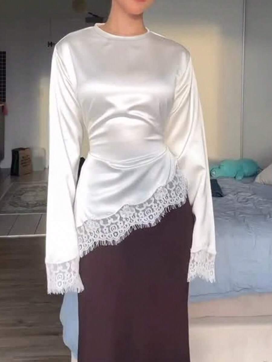 SHEIN SATYNOWA BIAŁA BLUZKA KORONKA S06__50