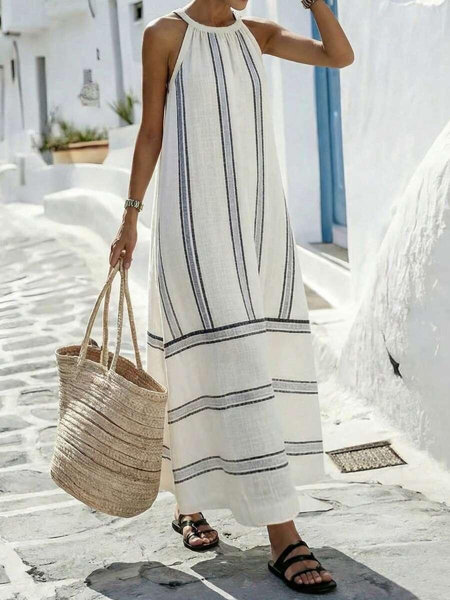 SHEIN BIAŁA MAXI SUKIENKA WZÓR PASKI S06__S