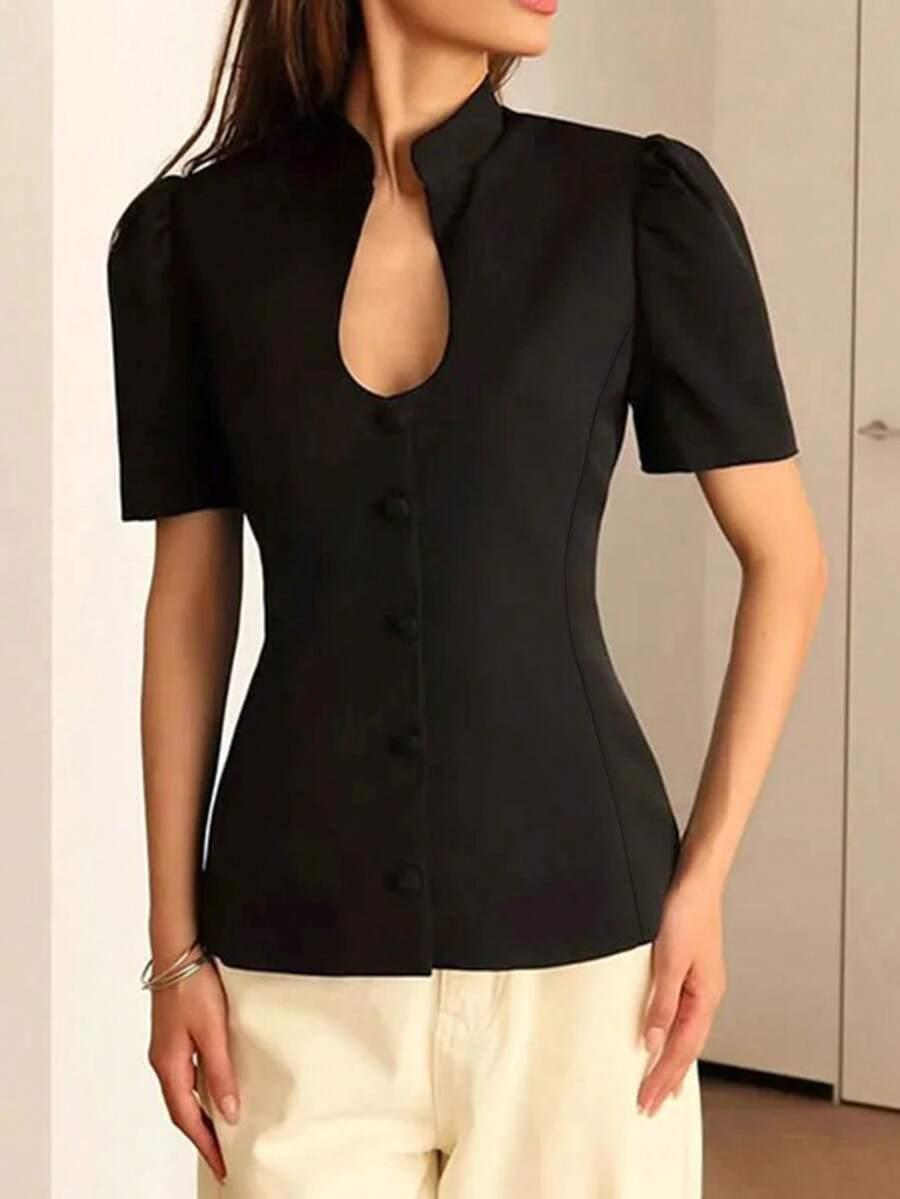 SHEIN CZARNA BLUZKA KRÓTKI RĘKAW GUZIKI S09__M