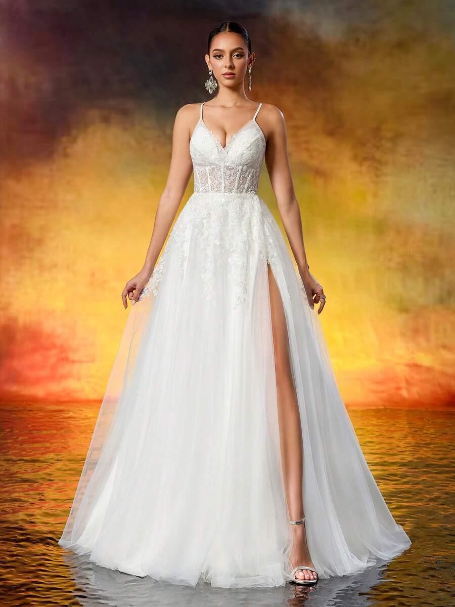 SHEIN BIAŁA MAXI SUKNIA ŚLUBNA ZDOBIENIE S06__40