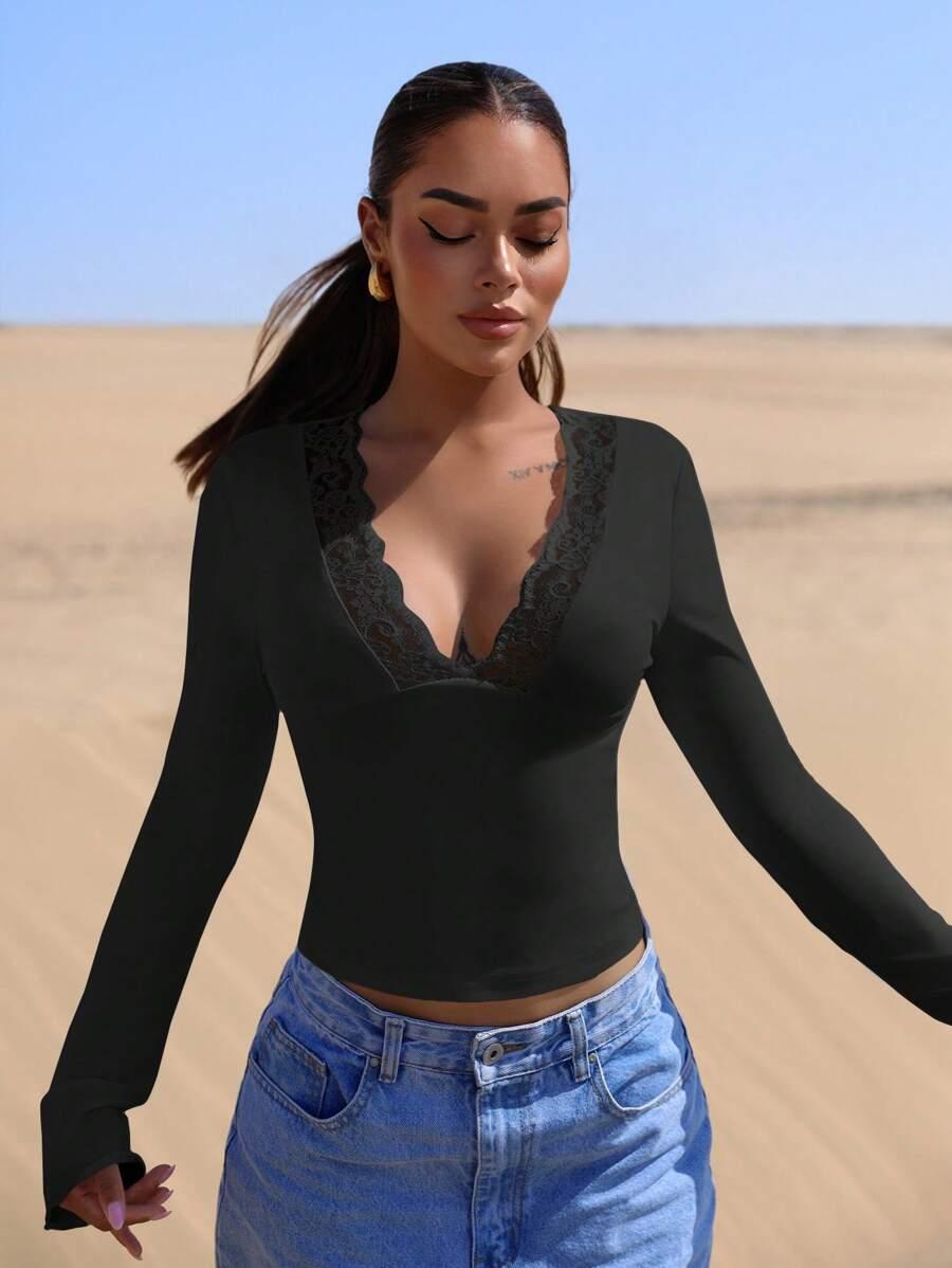 SHEIN CZARNA BLUZKA V NECK KORONKA S06__XS