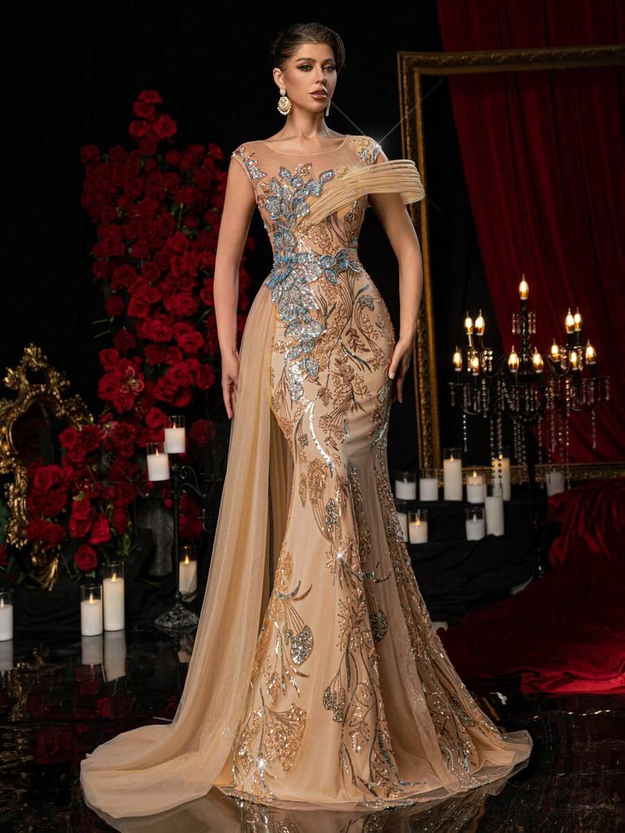 GLAMRAE BEŻOWA MAXI SUKIENKA ZDOBIENIA S09__XS