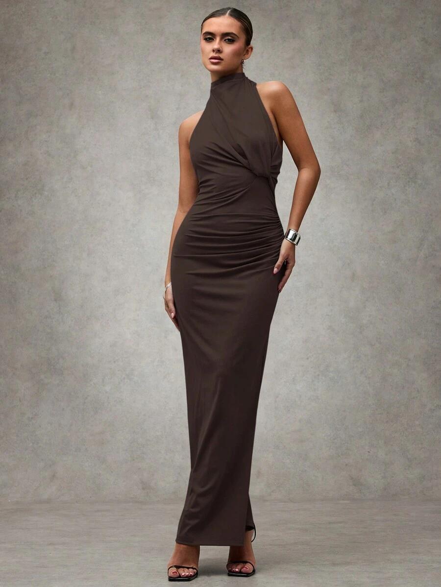 SHEIN BRĄZOWA MAXI SUKIENKA S06__L