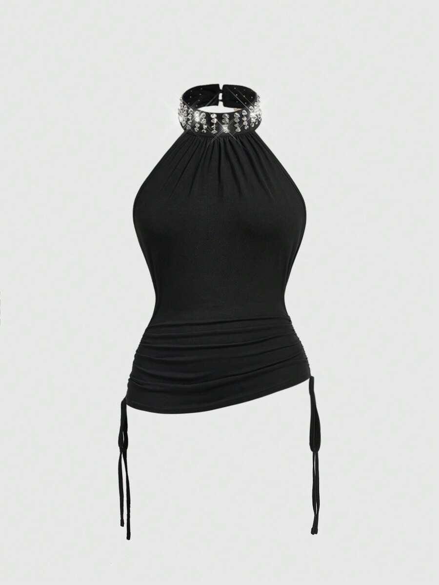 ROMWE CZARNY TOP ZDDOBIENIE S06__S