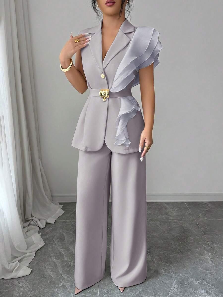 SHEIN KOMPLET BLUZKA ORGANZA PROSTE SPODNIE S06__L