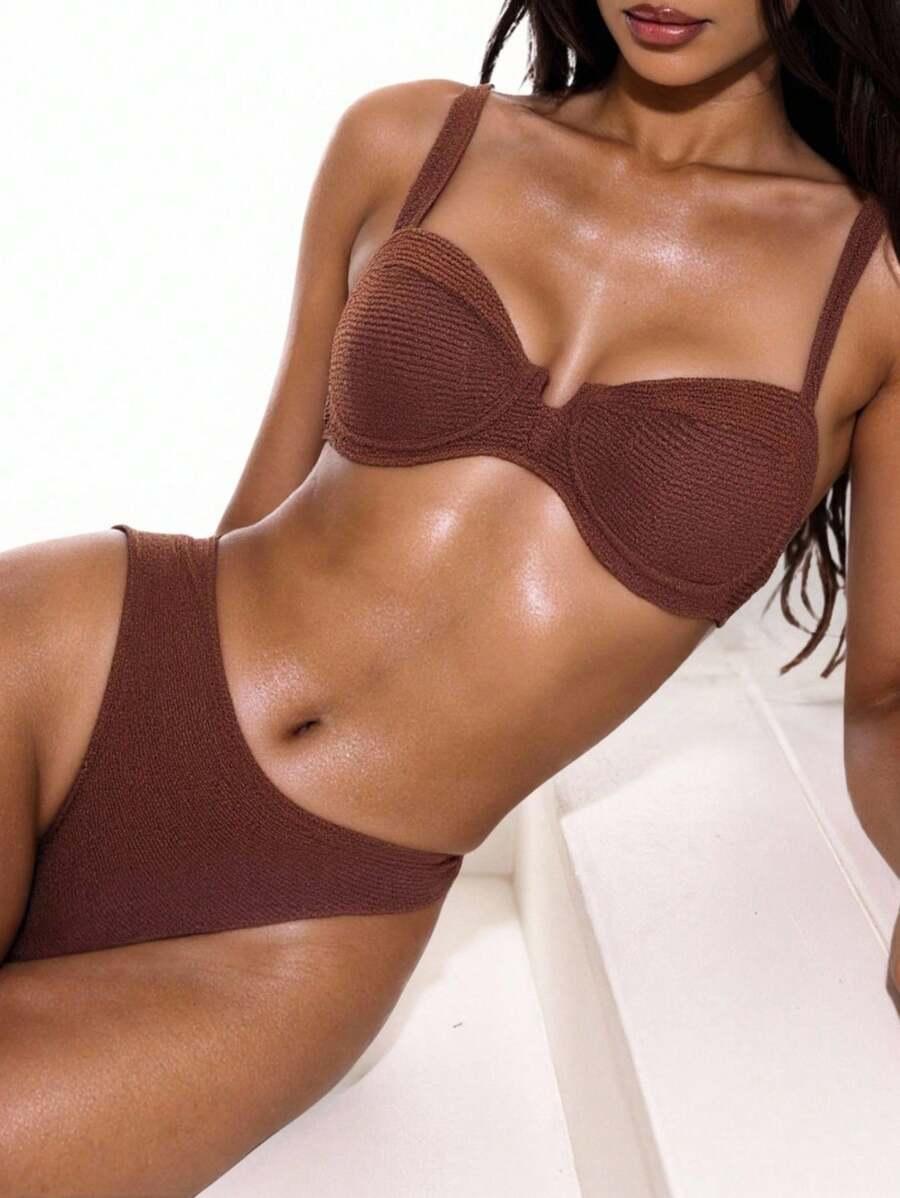 SWIM BASICS BRĄZOWY KOMPLET BIKINI STRUKTURA S09__L