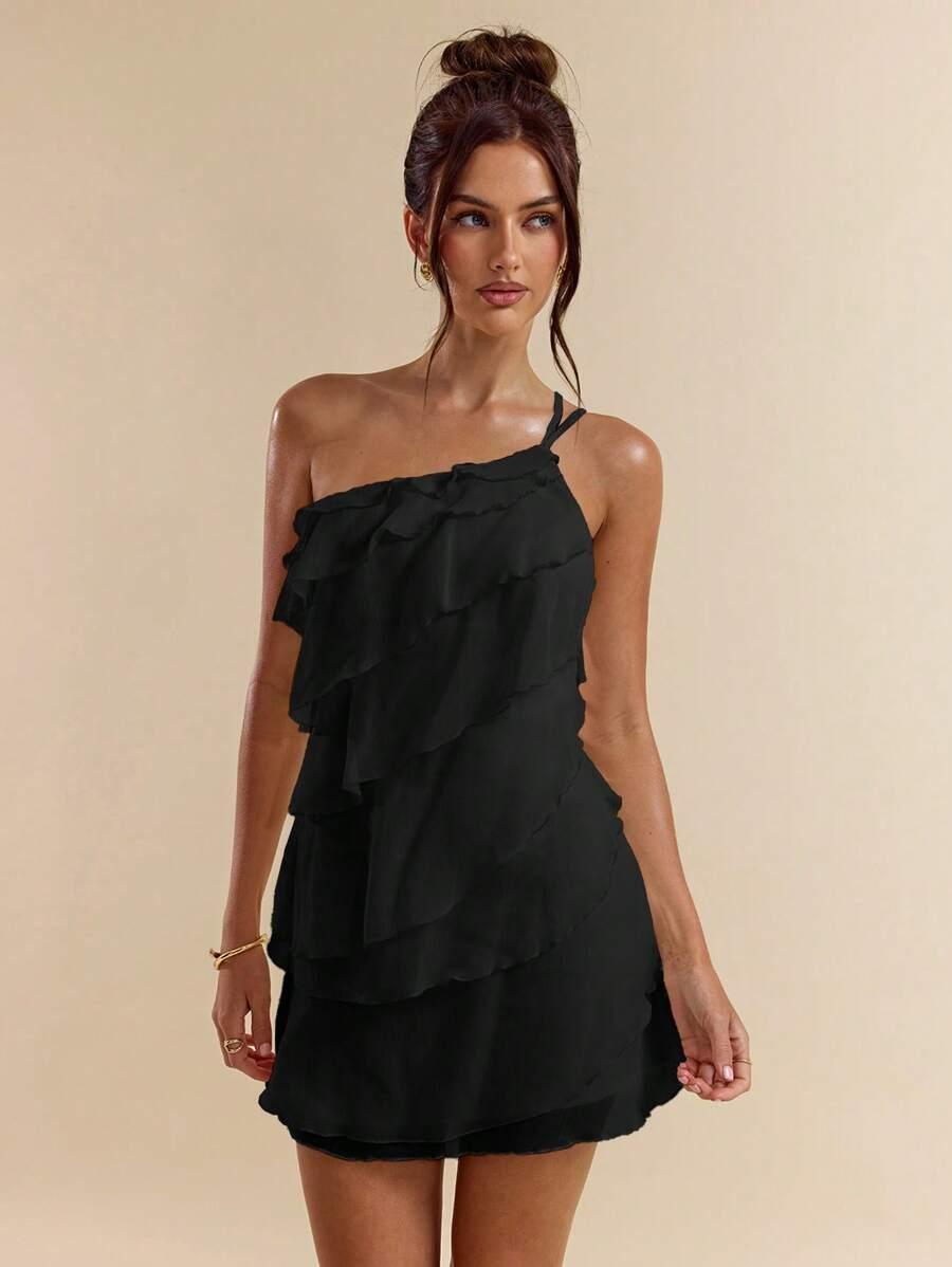 SHEIN CZARNA MINI SUKIENKA FALBANY S06__S