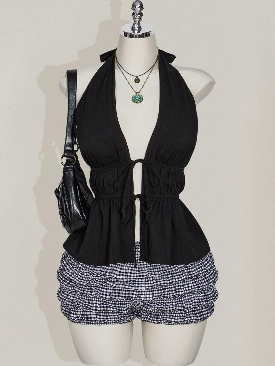 SHEIN CZARNY TOP BEZ RĘKAWÓW WIĄZANIE S06__52
