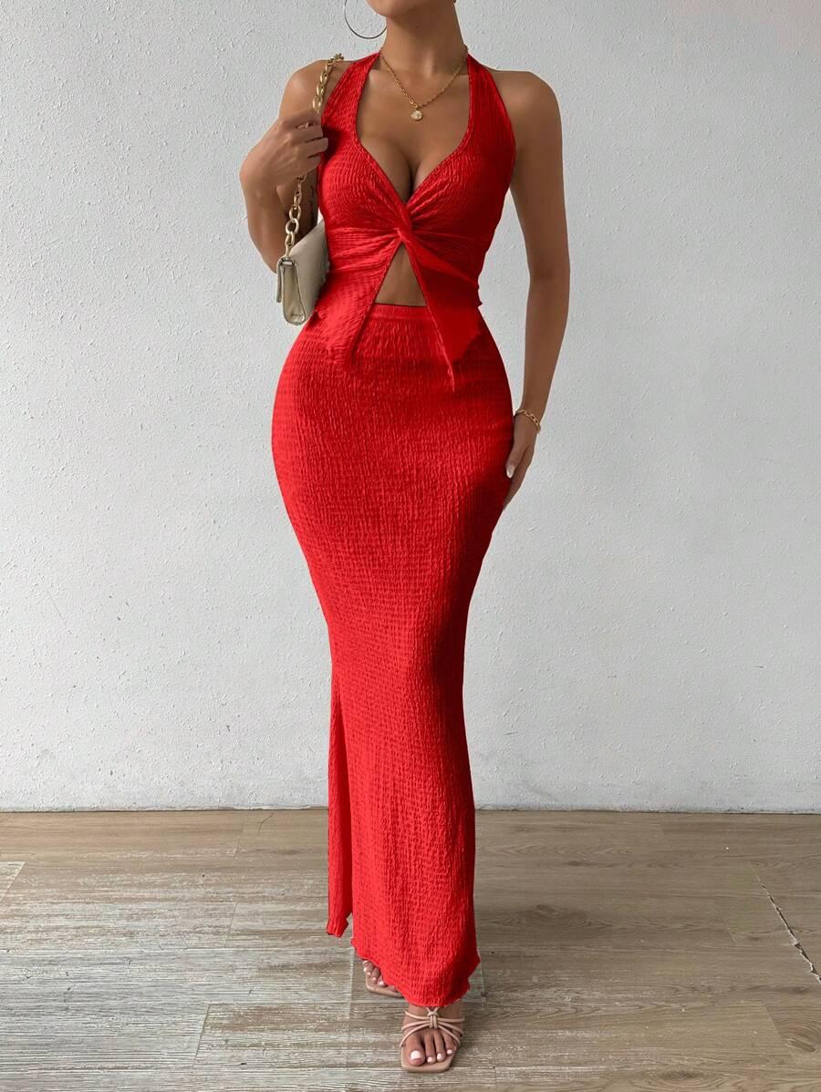 SHEIN CZERWONY KOMPLET TOP MAXI SPÓDNICA TEKSTURA S06__L