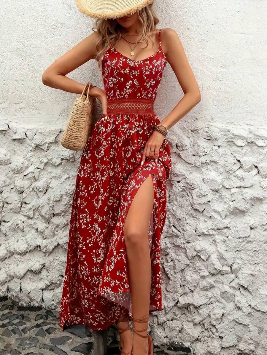 SHEIN SUKIENKA NA RAMIĄCZKACH WZÓR KWIATY ROZCIĘCIE PK01__L