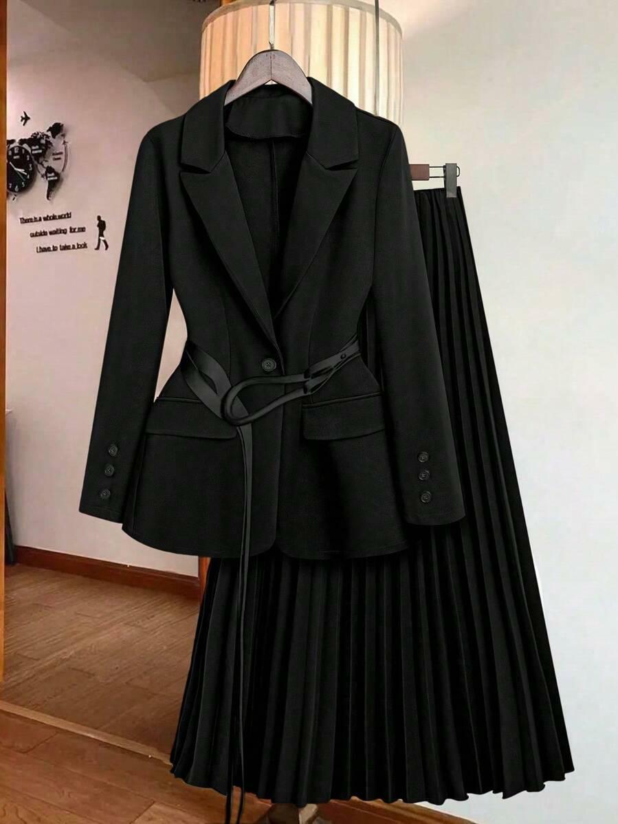SHEIN CZARNY KOMPLET MARYNARKA SPÓDNICA S06__XL