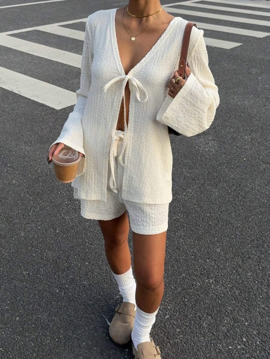 SHEIN KREMOWY KOMPLET BLUZKA SPODENKI S06__XS