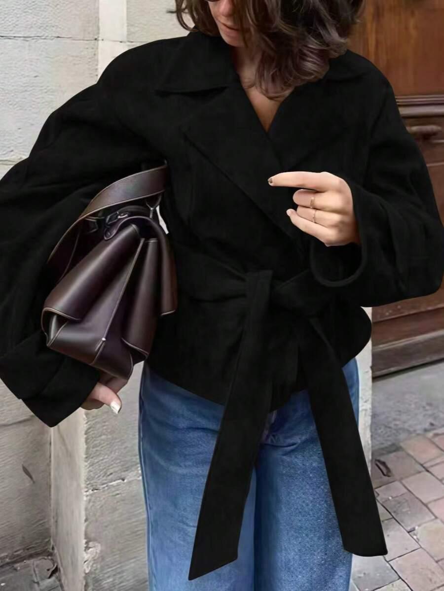 SHEIN KLASYCZNY CZARNY PŁASZCZ WIĄZANIE W01__XL