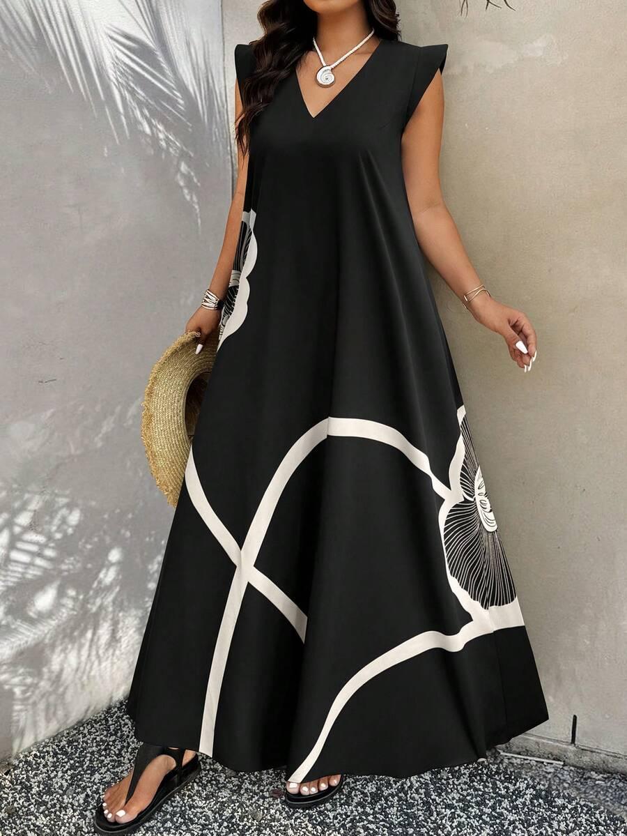 SHEIN CZARNA MAXI SUKIENKA WZÓR KWIATY S09__46