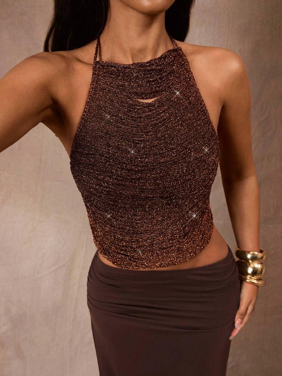 SHEIN BRĄZOWY TOP ODKRYTE PLECY S06__S