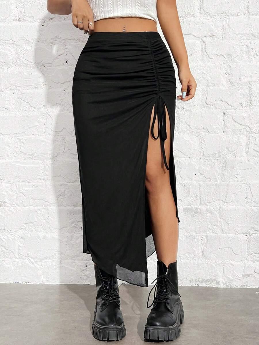 SHEIN CZARNA SPÓDNICA ROZCIĘCIE SIATECZKA S06__L
