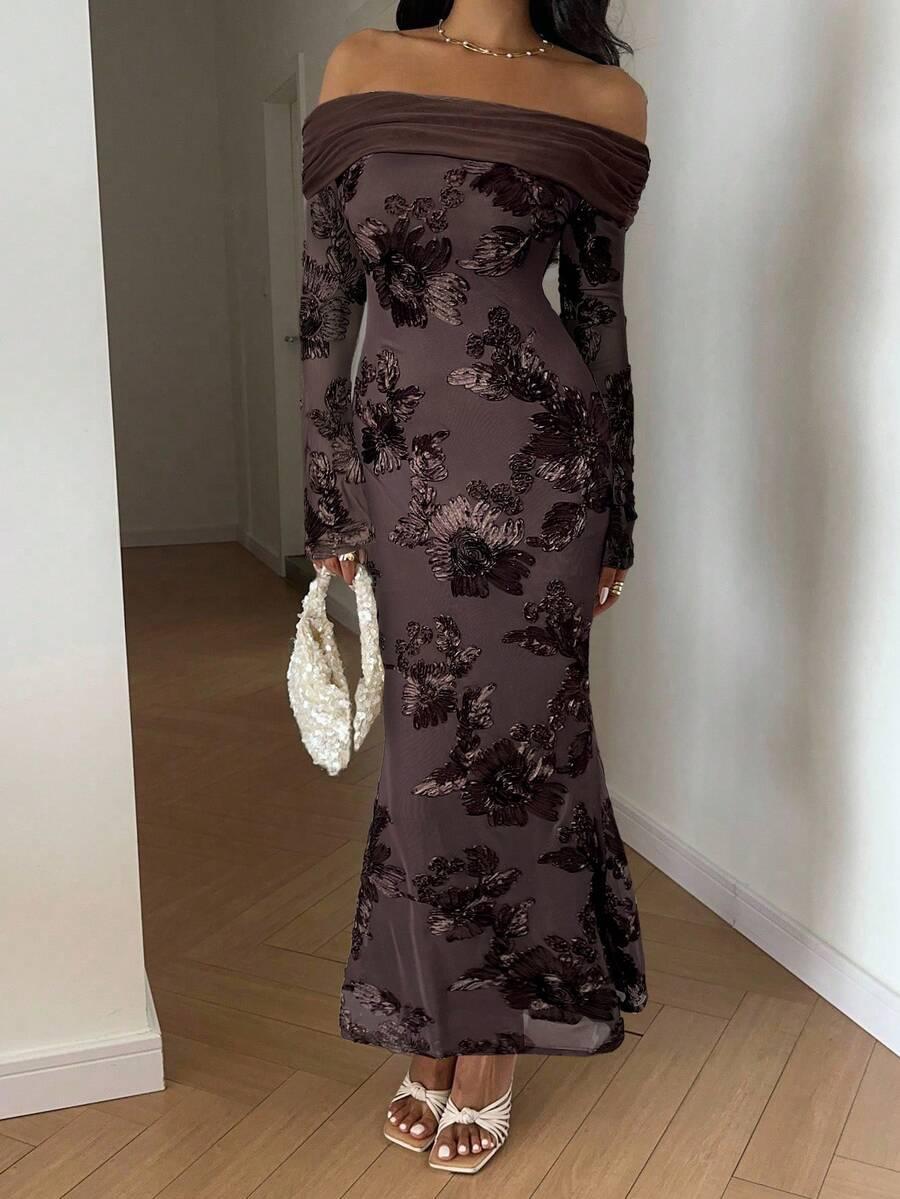 SHEIN BRĄZOWA MAXI SUKIENKA S09__L
