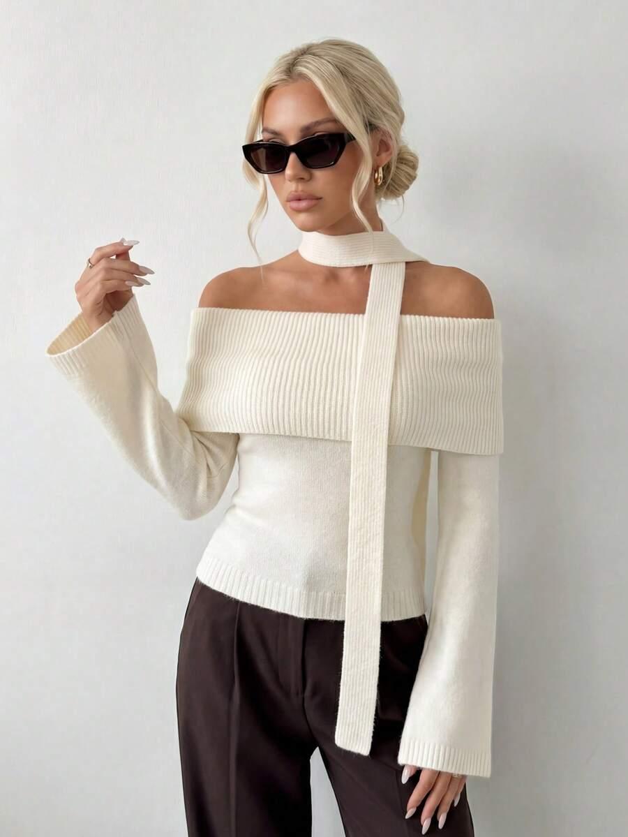 SHEIN KREMOWY SWETER ODKRYTE RAMIONA S06__S